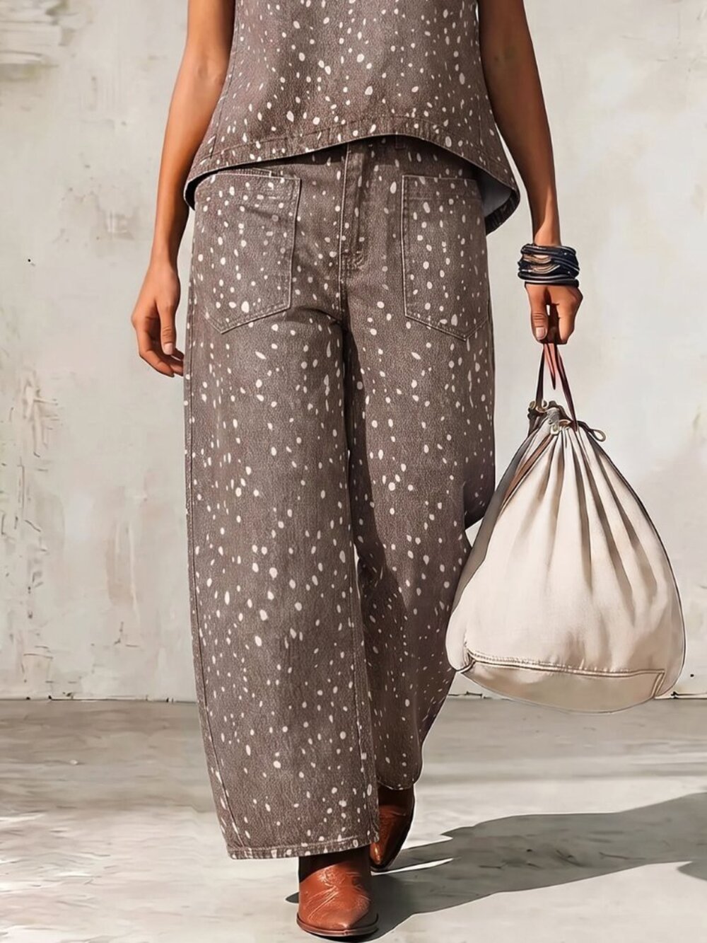 Multicolor Casual Women's Polka Dot Pattern Pocket Wide Leg Jeans